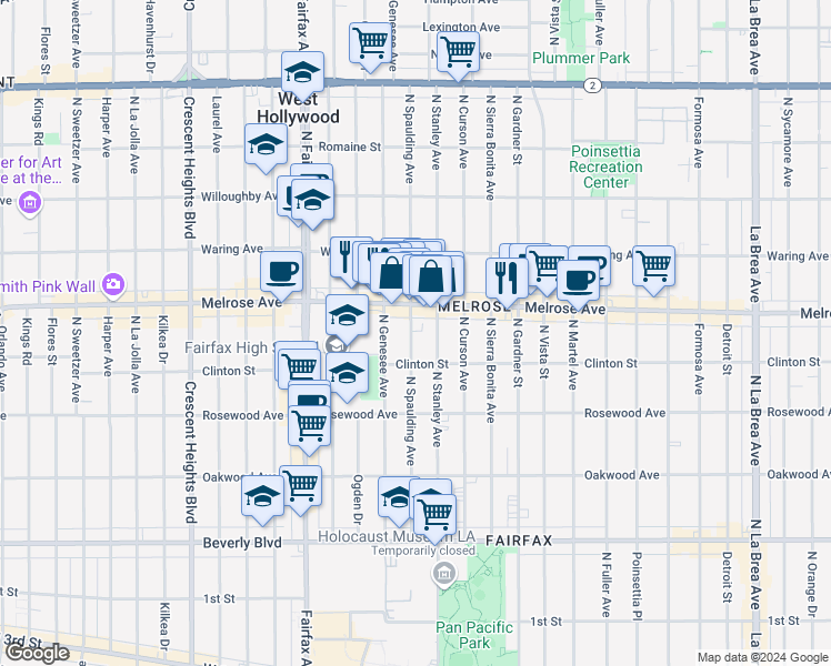 map of restaurants, bars, coffee shops, grocery stores, and more near 628 North Spaulding Avenue in Los Angeles