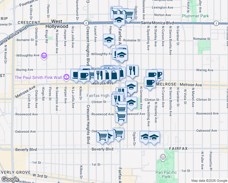 map of restaurants, bars, coffee shops, grocery stores, and more near 647 North Fairfax Avenue in Los Angeles