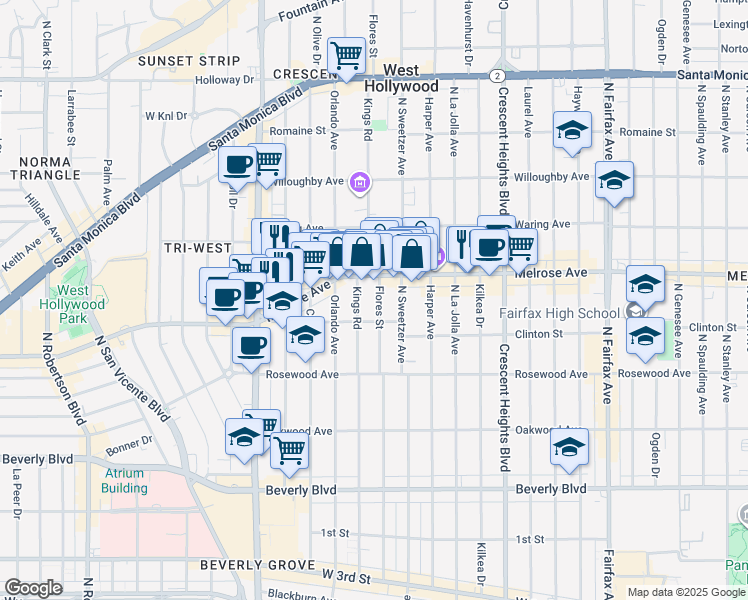 map of restaurants, bars, coffee shops, grocery stores, and more near in Los Angeles