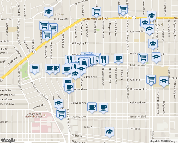 map of restaurants, bars, coffee shops, grocery stores, and more near in Los Angeles