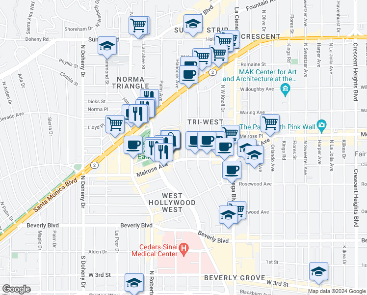 map of restaurants, bars, coffee shops, grocery stores, and more near 635 Huntley Drive in West Hollywood