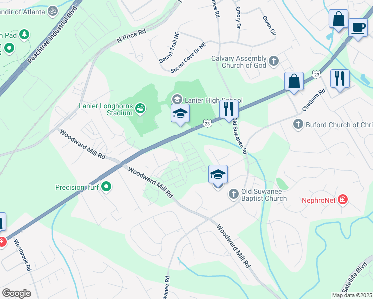 map of restaurants, bars, coffee shops, grocery stores, and more near 816 Dodd Trail in Buford