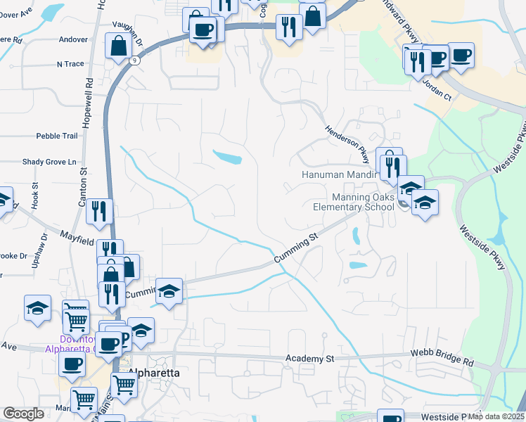 map of restaurants, bars, coffee shops, grocery stores, and more near 175 Jayne Ellen Way in Alpharetta