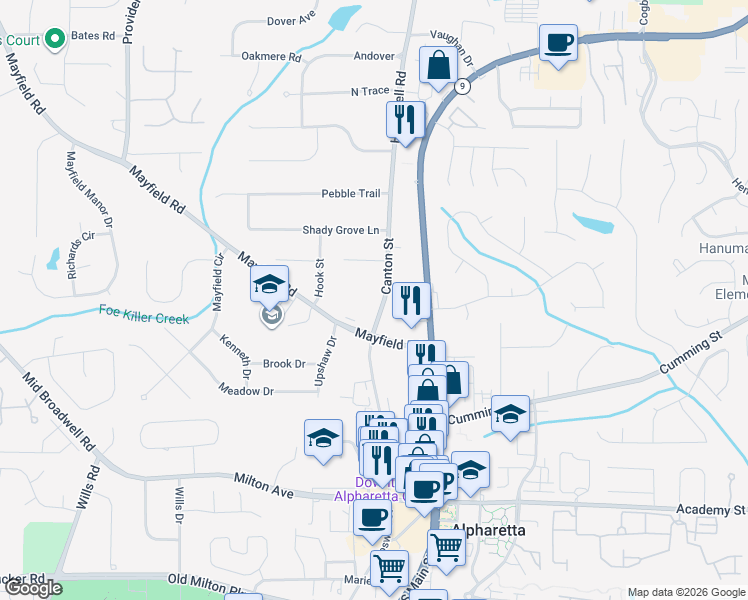 map of restaurants, bars, coffee shops, grocery stores, and more near 260 Canton Street in Alpharetta