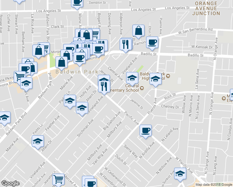 map of restaurants, bars, coffee shops, grocery stores, and more near 3828 Stichman Avenue in Baldwin Park