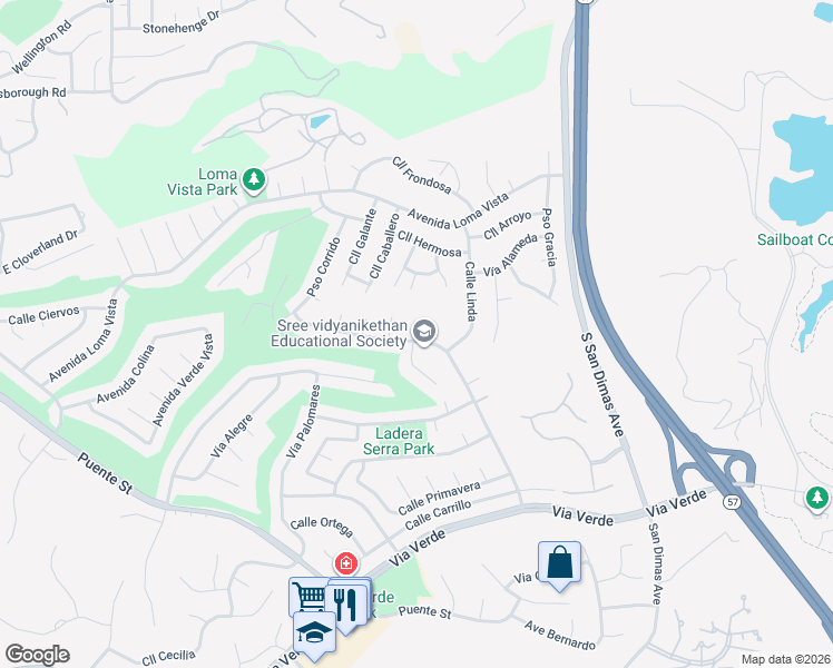 map of restaurants, bars, coffee shops, grocery stores, and more near 1546 Avenida Entrada in San Dimas