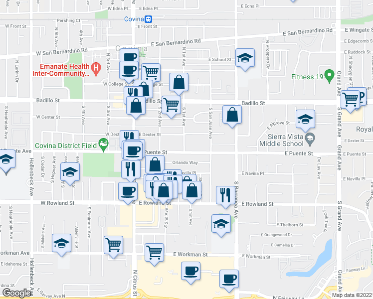 map of restaurants, bars, coffee shops, grocery stores, and more near 303 East Puente Street in Covina