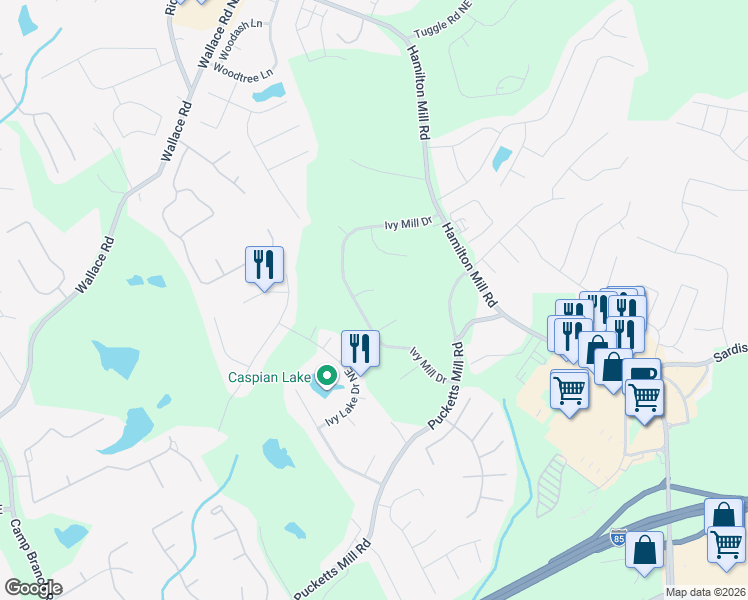 map of restaurants, bars, coffee shops, grocery stores, and more near 3329 Briarglen Court Northeast in Buford