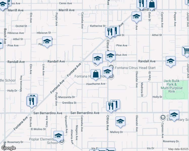 map of restaurants, bars, coffee shops, grocery stores, and more near 15994 Sequoia Avenue in Fontana