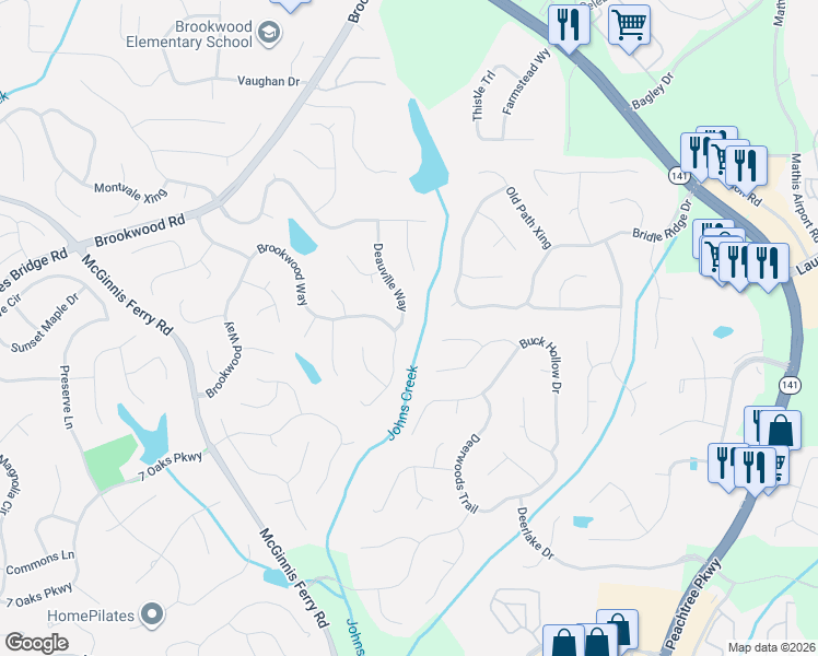 map of restaurants, bars, coffee shops, grocery stores, and more near 7875 Brookwood Way in Cumming