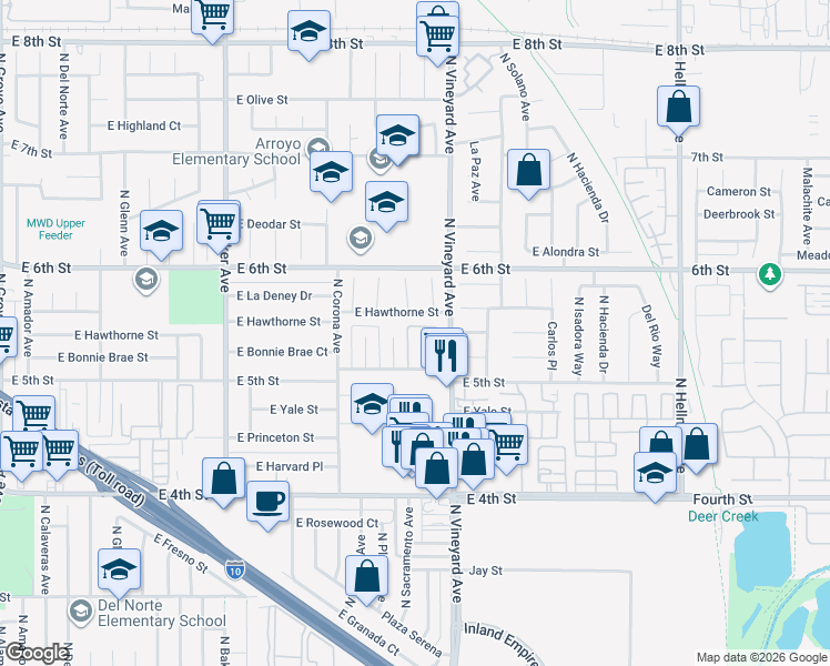 map of restaurants, bars, coffee shops, grocery stores, and more near 1355 North San Diego Avenue in Ontario