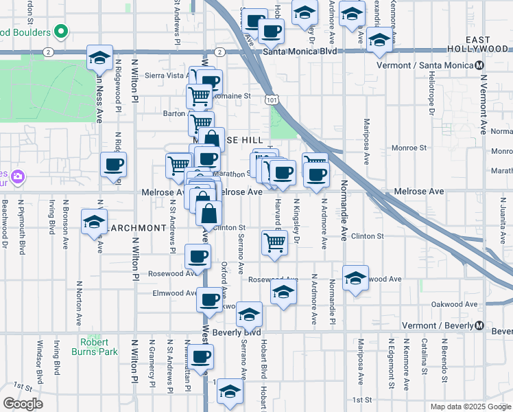 map of restaurants, bars, coffee shops, grocery stores, and more near 648 North Serrano Avenue in Los Angeles