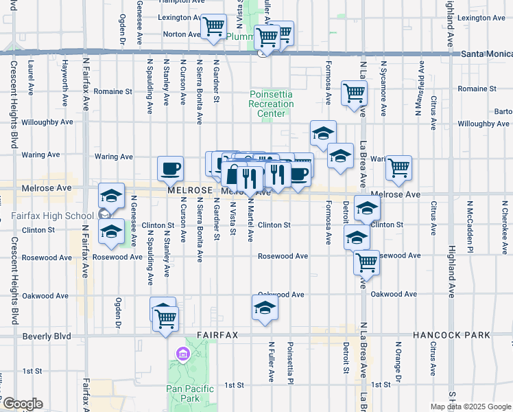 map of restaurants, bars, coffee shops, grocery stores, and more near 630 North Martel Avenue in Los Angeles