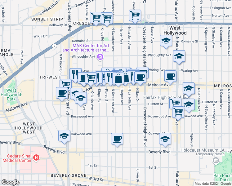 map of restaurants, bars, coffee shops, grocery stores, and more near 640 North Sweetzer Avenue in Los Angeles