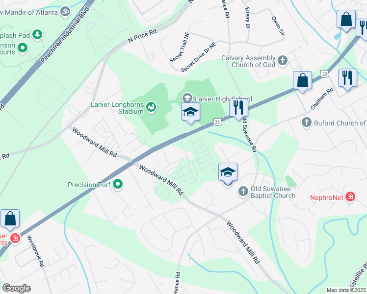 map of restaurants, bars, coffee shops, grocery stores, and more near Millcroft Place in Buford