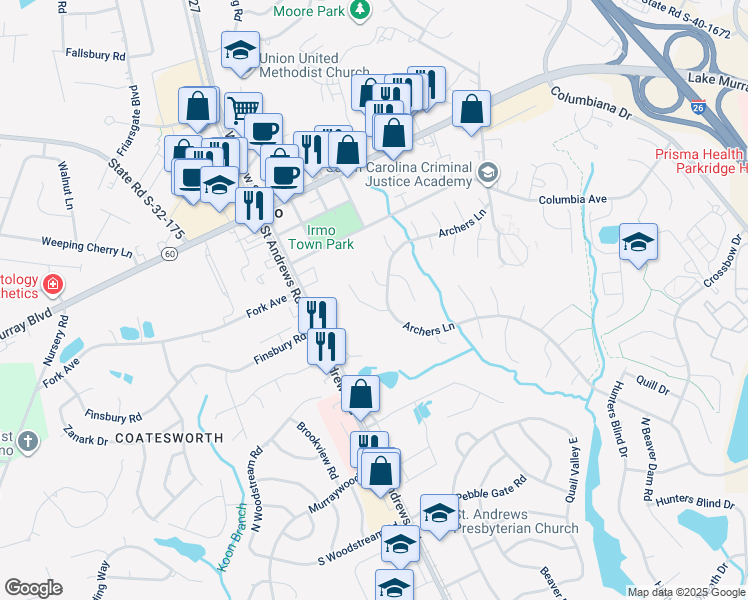 map of restaurants, bars, coffee shops, grocery stores, and more near 602 Valleywood Court in Columbia