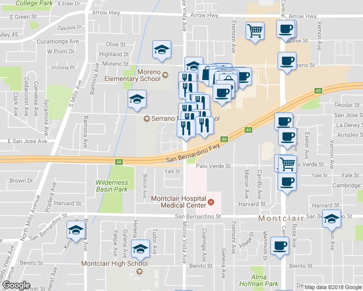 map of restaurants, bars, coffee shops, grocery stores, and more near 9405 Mesa Verde Drive in Montclair