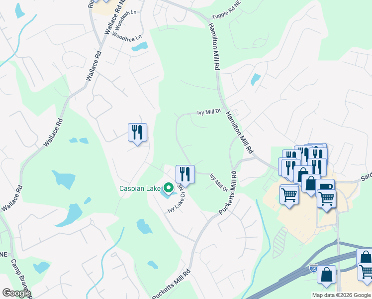 map of restaurants, bars, coffee shops, grocery stores, and more near 3329 Briarglen Court Northeast in Buford