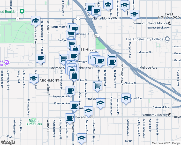 map of restaurants, bars, coffee shops, grocery stores, and more near 648 North Serrano Avenue in Los Angeles