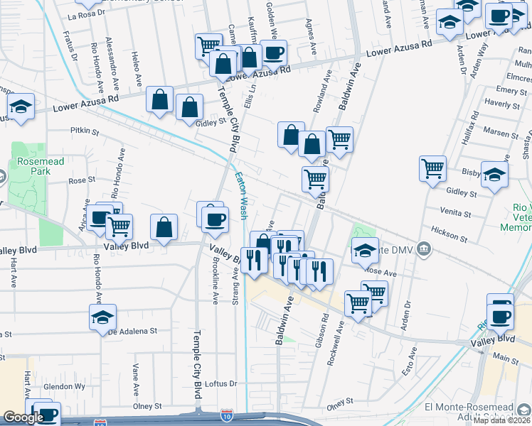 map of restaurants, bars, coffee shops, grocery stores, and more near 4131 Rowland Avenue in El Monte
