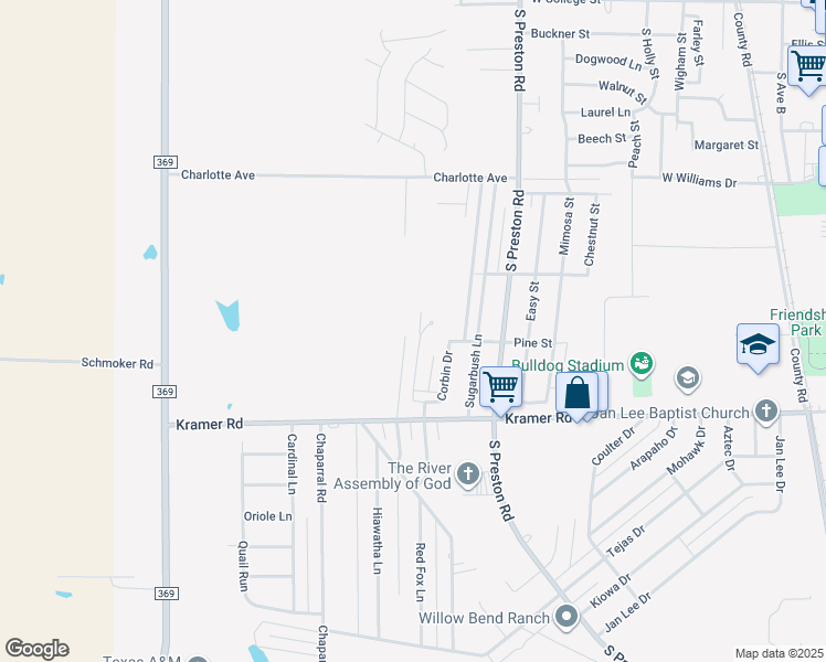map of restaurants, bars, coffee shops, grocery stores, and more near 1006 Taylor Lane in Burkburnett