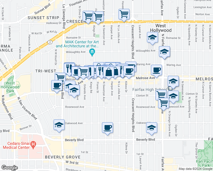 map of restaurants, bars, coffee shops, grocery stores, and more near 640 North Sweetzer Avenue in Los Angeles
