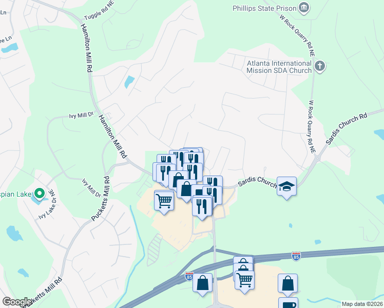 map of restaurants, bars, coffee shops, grocery stores, and more near 3370 Sardis Bend Drive in Buford