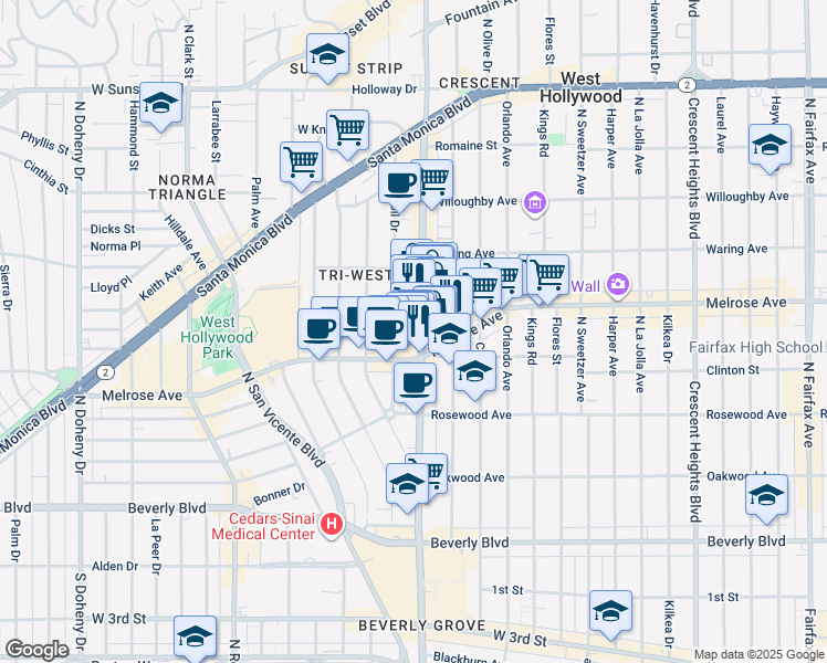 map of restaurants, bars, coffee shops, grocery stores, and more near 637 North La Cienega Boulevard in West Hollywood