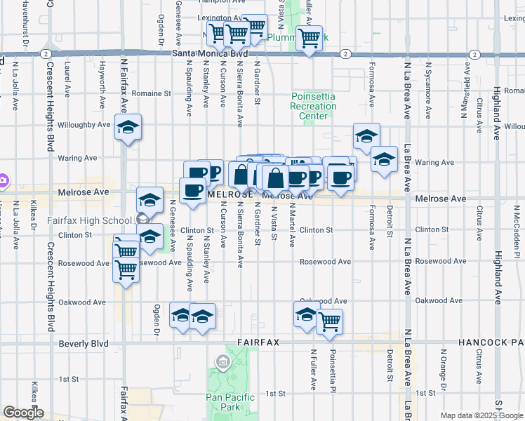 map of restaurants, bars, coffee shops, grocery stores, and more near 630 North Gardner Street in Los Angeles