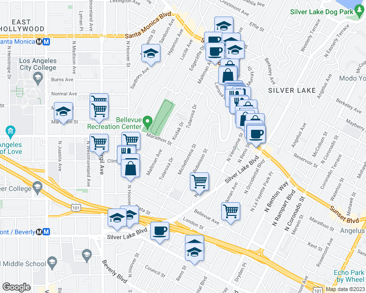 map of restaurants, bars, coffee shops, grocery stores, and more near 808 Tularosa Drive in Los Angeles