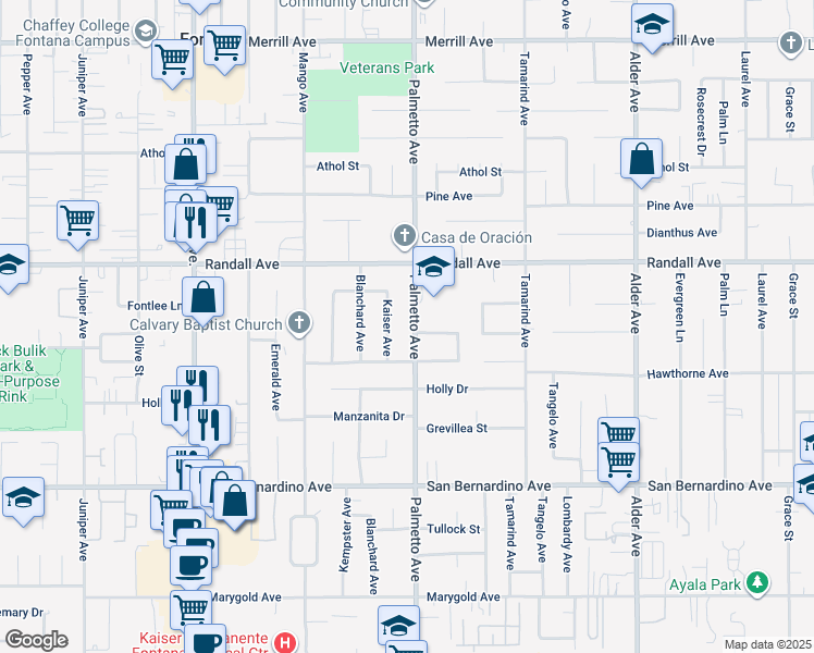 map of restaurants, bars, coffee shops, grocery stores, and more near 9404 Palmetto Avenue in Fontana