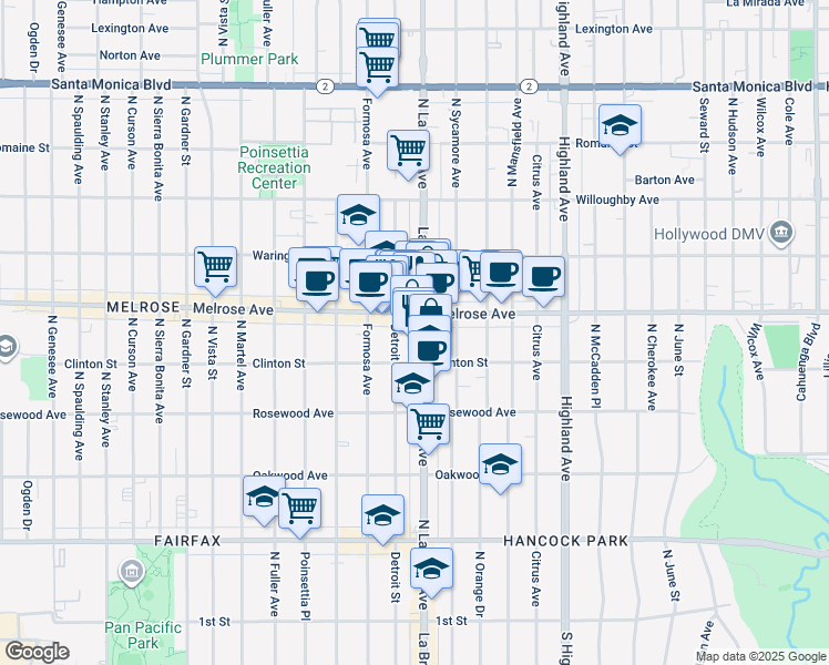 map of restaurants, bars, coffee shops, grocery stores, and more near 7015 Melrose Avenue in Los Angeles