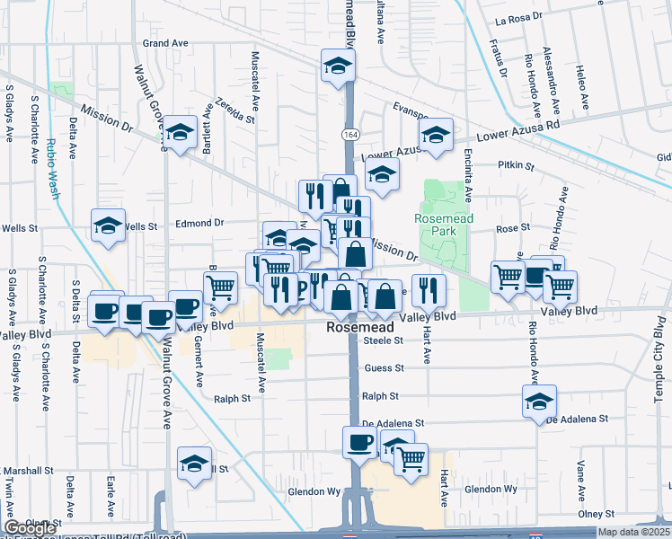 map of restaurants, bars, coffee shops, grocery stores, and more near 8943 Newby Avenue in Rosemead