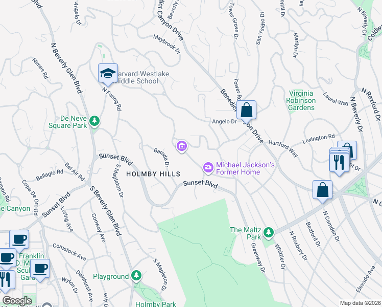 map of restaurants, bars, coffee shops, grocery stores, and more near 250 North Carolwood Drive in Los Angeles