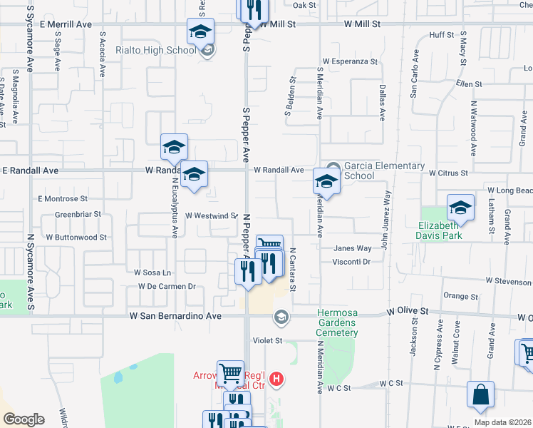 map of restaurants, bars, coffee shops, grocery stores, and more near 1555 West Orquesta Court in Colton