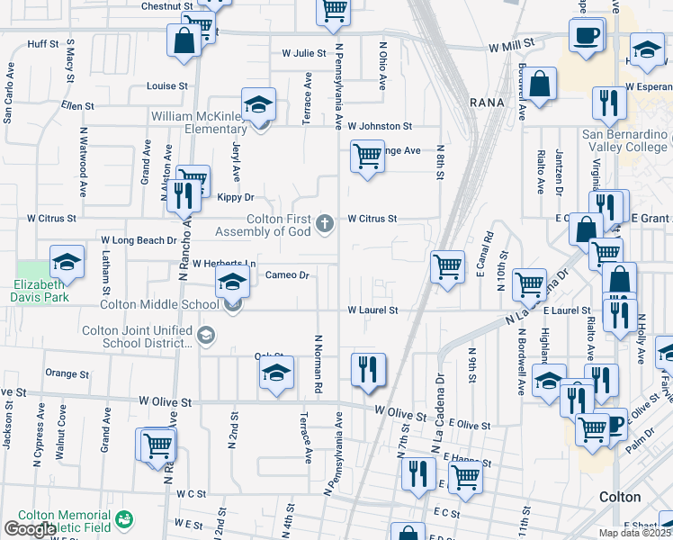 map of restaurants, bars, coffee shops, grocery stores, and more near 1419 North Pennsylvania Avenue in Colton