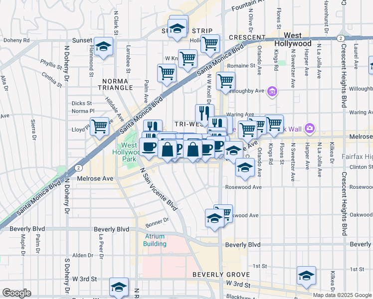 map of restaurants, bars, coffee shops, grocery stores, and more near 630 Westbourne Drive in West Hollywood