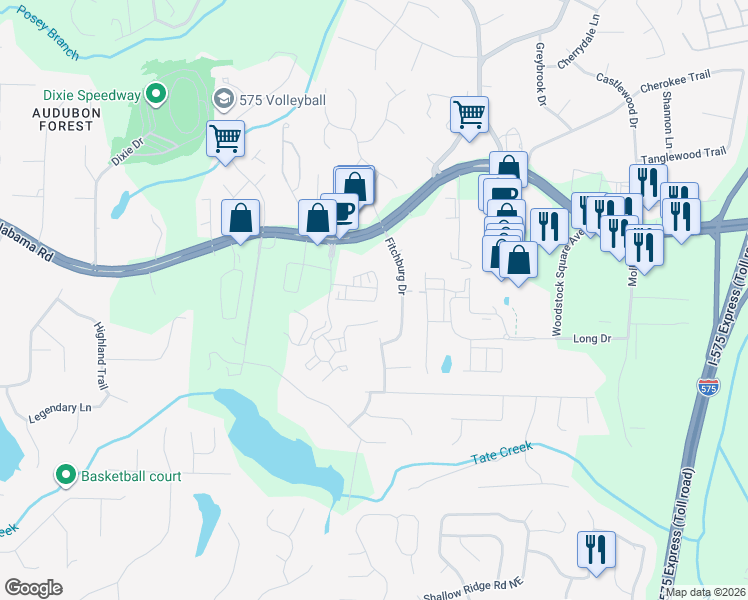 map of restaurants, bars, coffee shops, grocery stores, and more near 350 Hayden Circle in Woodstock