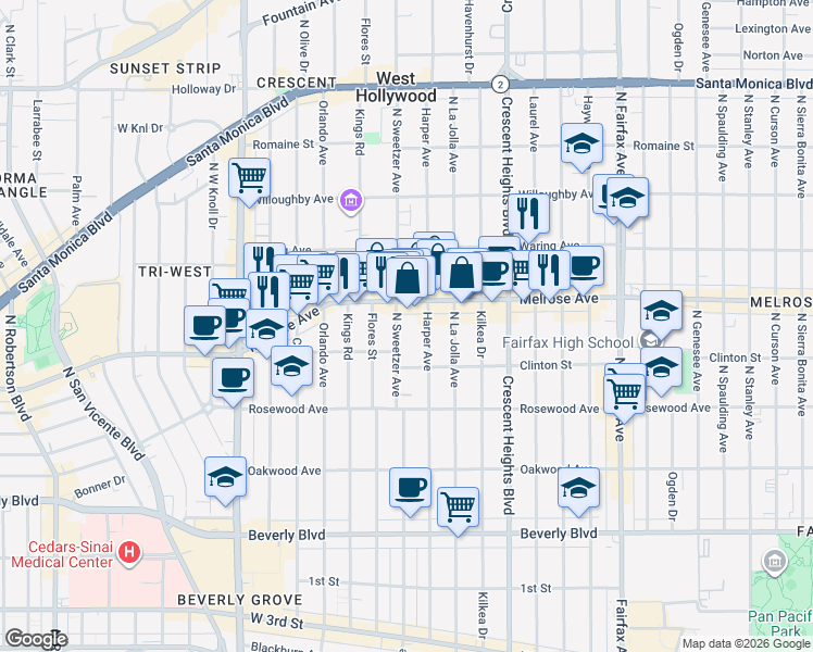 map of restaurants, bars, coffee shops, grocery stores, and more near 640 North Sweetzer Avenue in Los Angeles