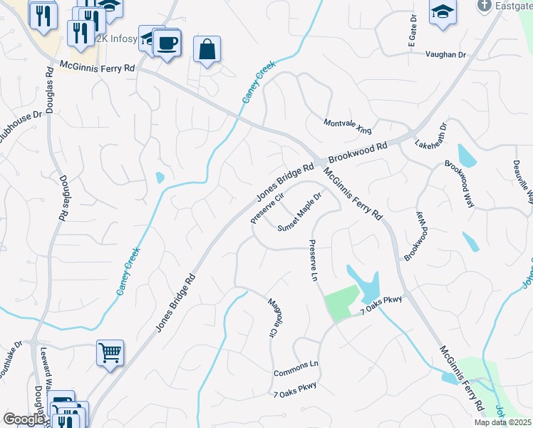map of restaurants, bars, coffee shops, grocery stores, and more near 5620 Preserve Circle in Alpharetta