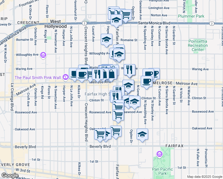 map of restaurants, bars, coffee shops, grocery stores, and more near 647 North Fairfax Avenue in Los Angeles