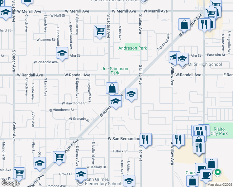 map of restaurants, bars, coffee shops, grocery stores, and more near 1031 South Cactus Avenue in Rialto