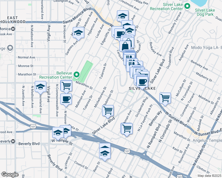 map of restaurants, bars, coffee shops, grocery stores, and more near 833 Robinson Street in Los Angeles