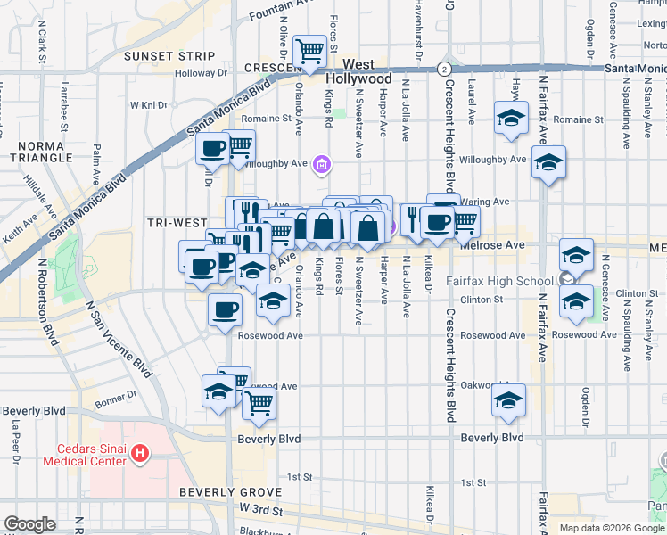 map of restaurants, bars, coffee shops, grocery stores, and more near 625 Flores Street in West Hollywood