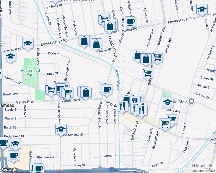map of restaurants, bars, coffee shops, grocery stores, and more near 9713 Abilene Street in Rosemead