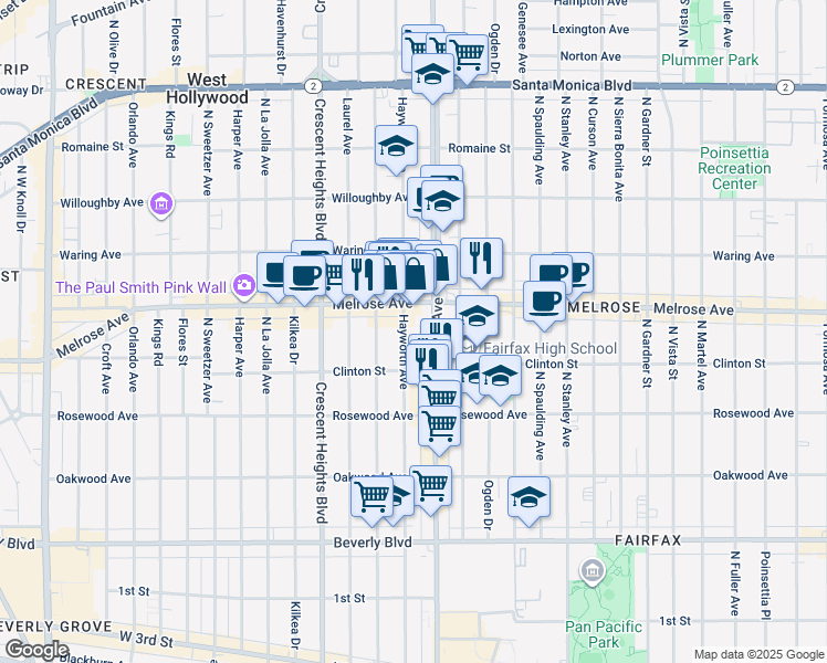 map of restaurants, bars, coffee shops, grocery stores, and more near 642 Hayworth Avenue in Los Angeles