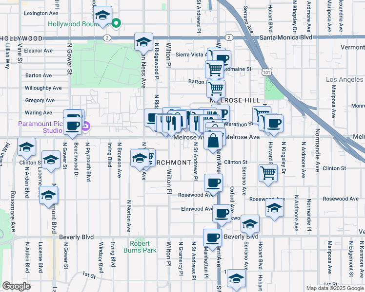 map of restaurants, bars, coffee shops, grocery stores, and more near 642 North Gramercy Place in Los Angeles