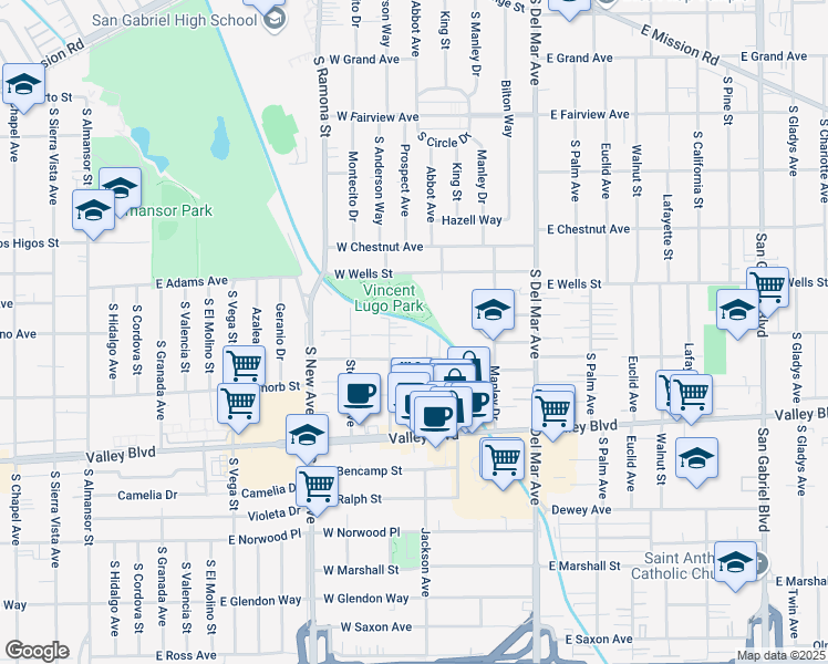 map of restaurants, bars, coffee shops, grocery stores, and more near 1400 Prospect Avenue in San Gabriel