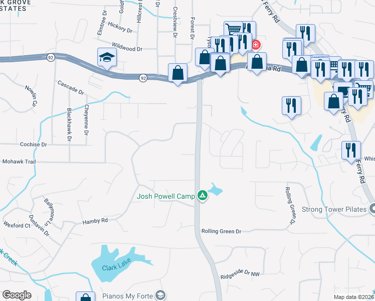 map of restaurants, bars, coffee shops, grocery stores, and more near 5359 Wade Green Road in Acworth