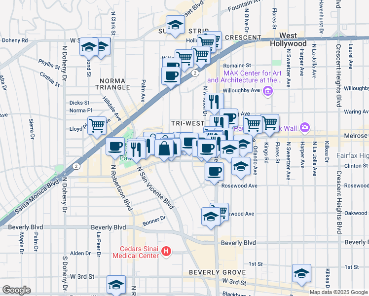 map of restaurants, bars, coffee shops, grocery stores, and more near 628 Westbourne Drive in West Hollywood